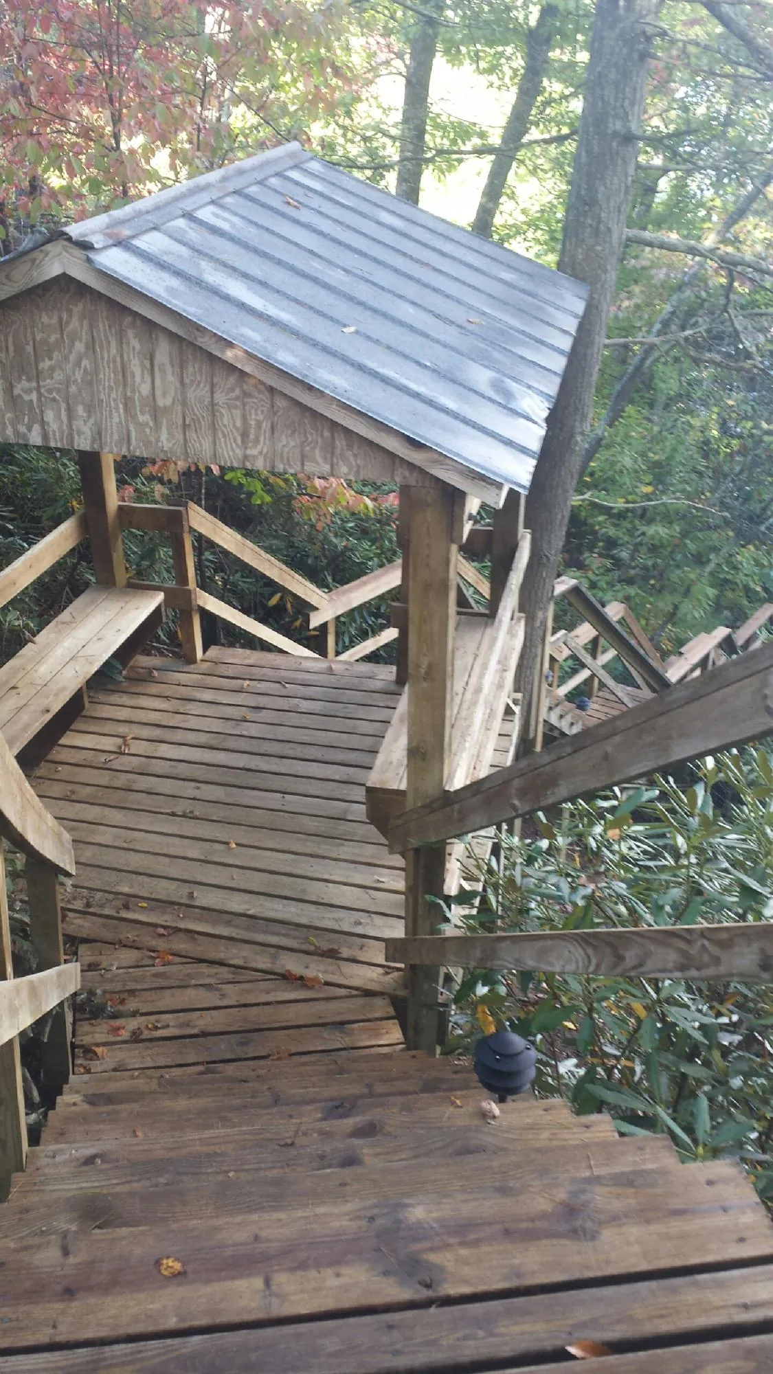 Metal roofed shelter over wooden steps on a wooded walkway — Skylight Repair & Installation work by our crew in Depew